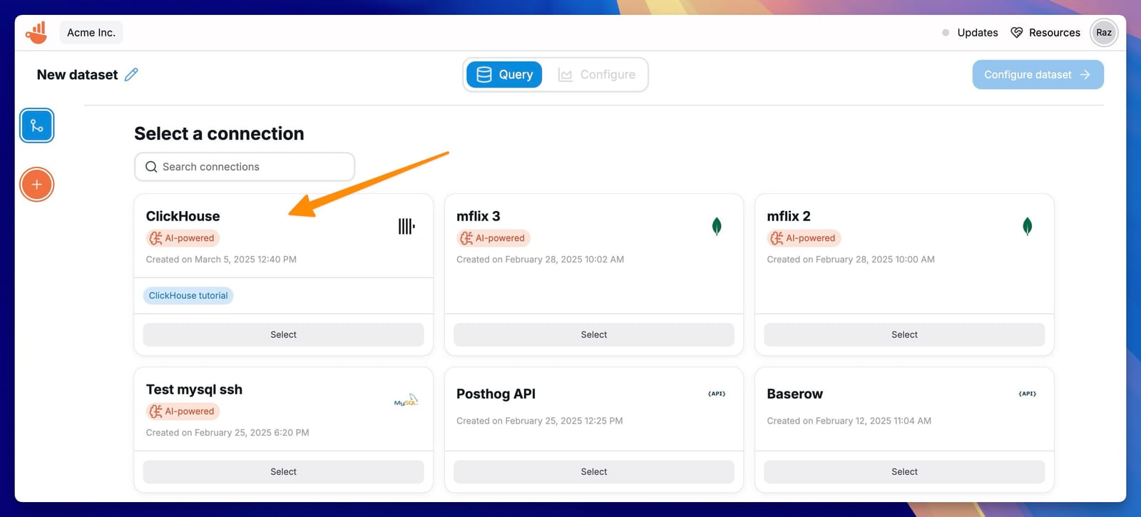 Выбор подключения ClickHouse для датасета