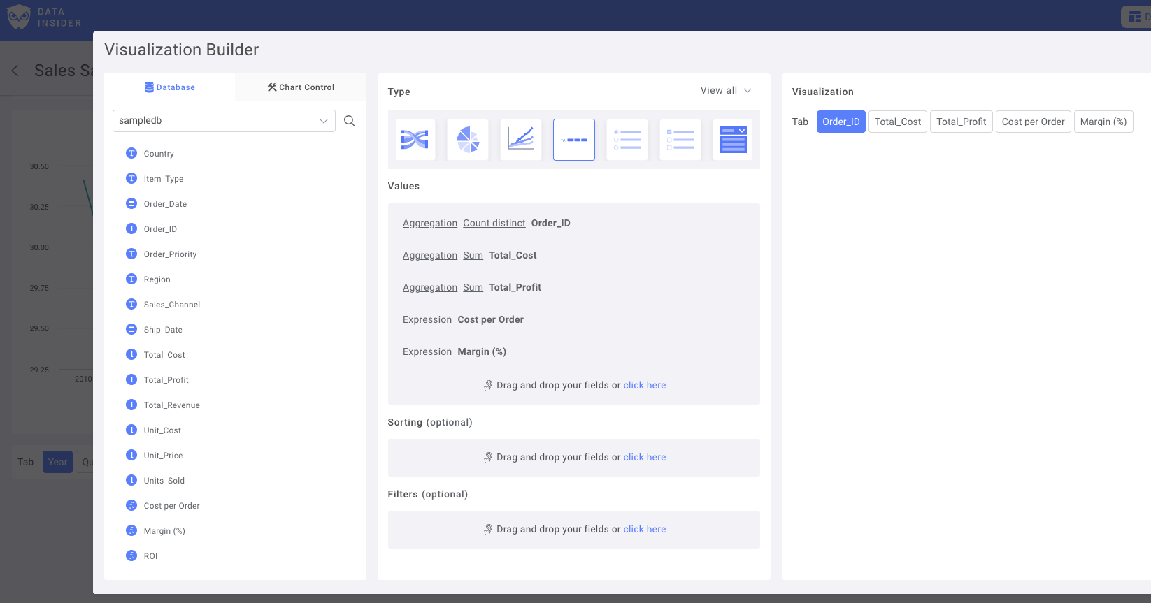 Панель настройки элемента управления метриками Rocket BI с выбранными полями и параметрами агрегации